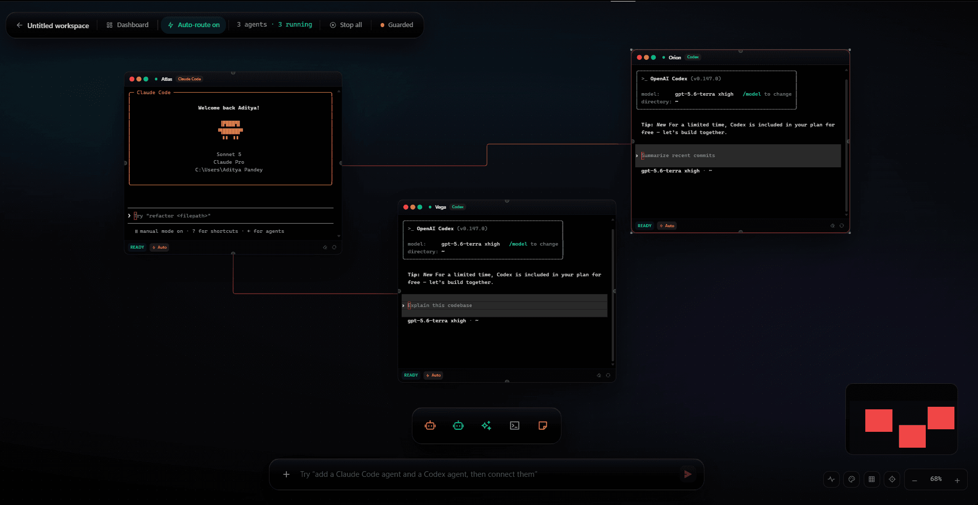The Brutus Studio canvas: three live agent terminals named Atlas running Claude Code, Vega running Codex and Orion running Codex, wired together as nodes, with a toolbar showing auto-route on, three agents running and guarded mode