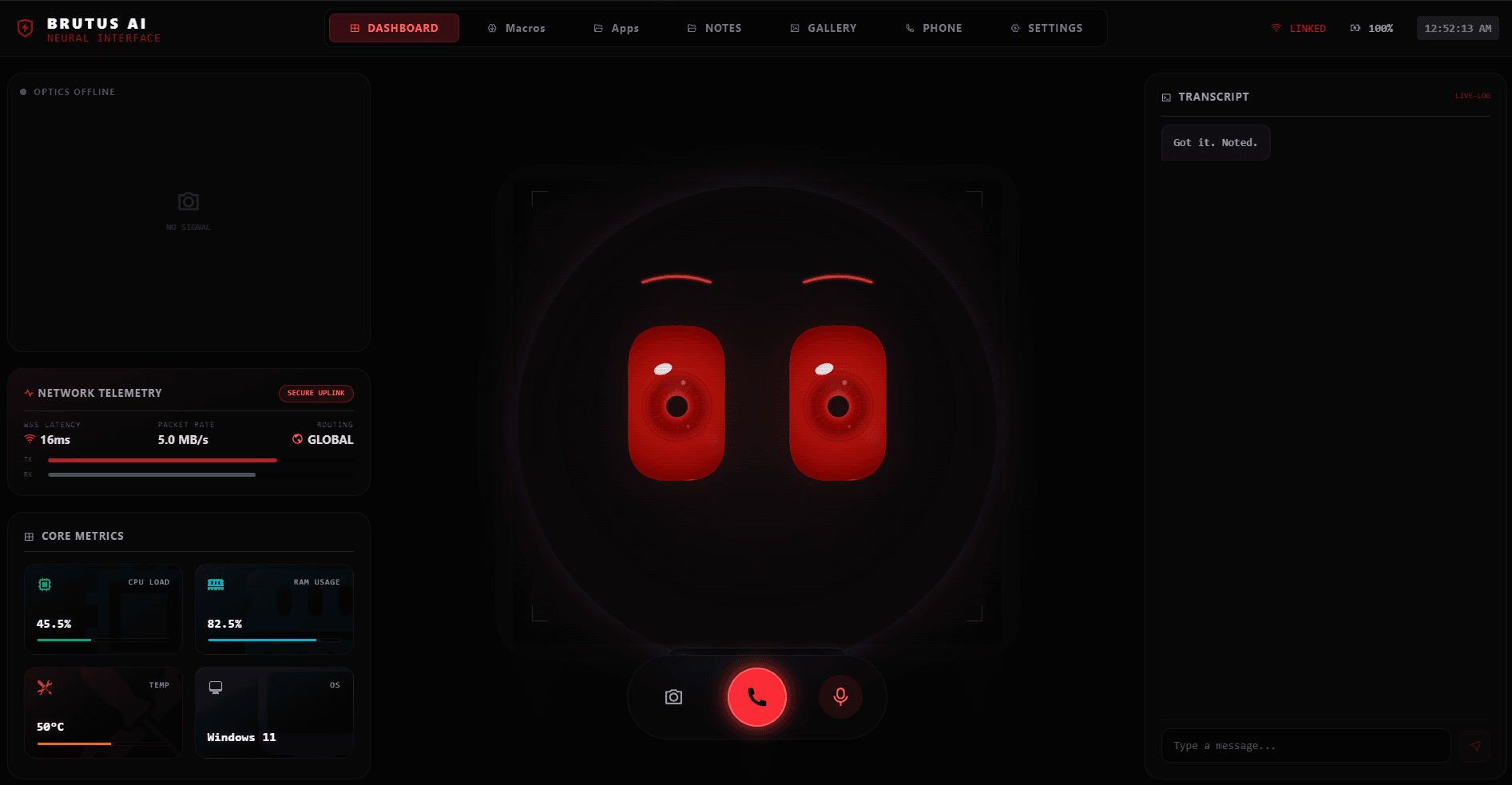 The Brutus desktop app: red robot eyes front and center, live transcript, telemetry and system metrics