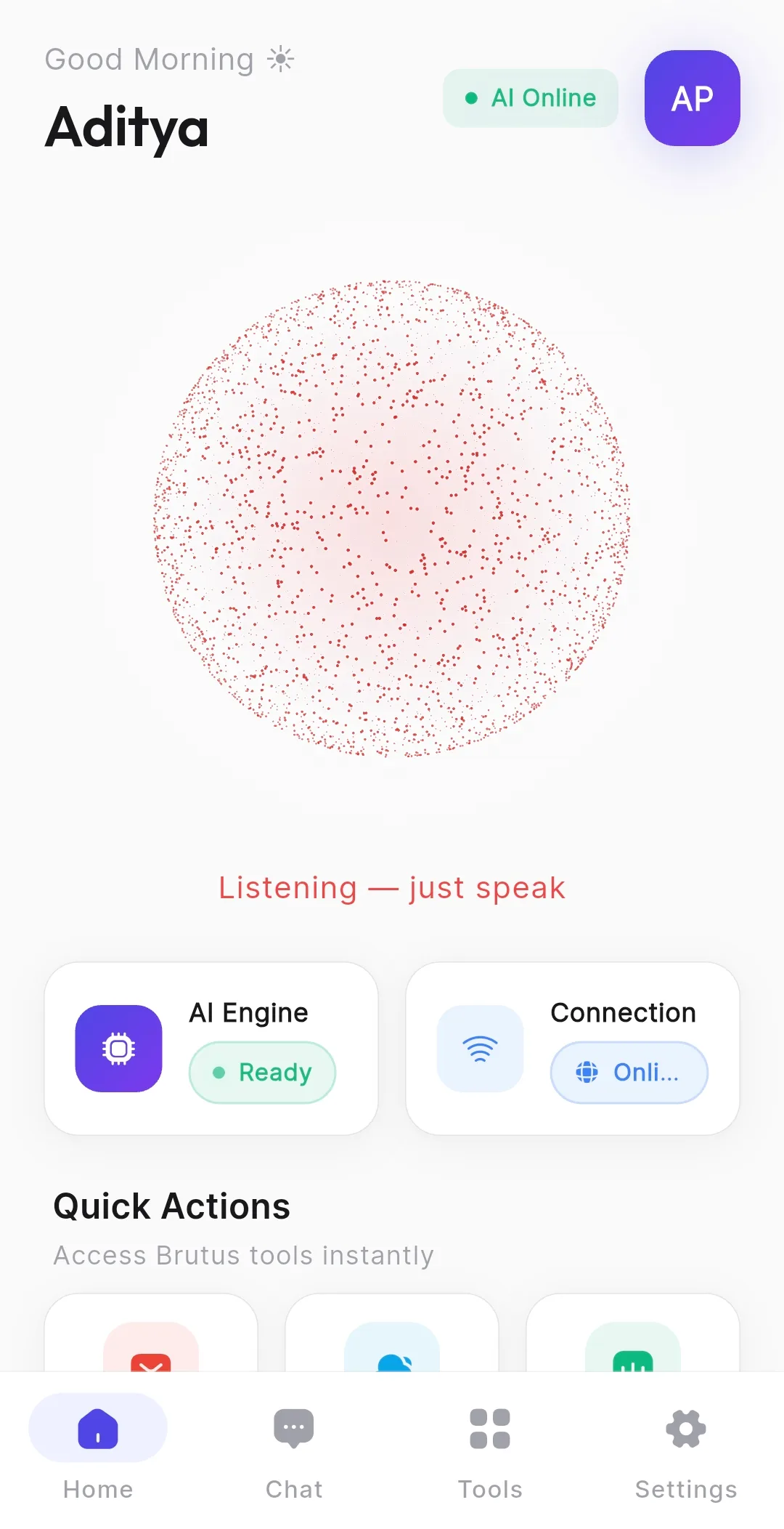 Brutus Mobile on Android: voice orb listening, AI engine ready, quick actions